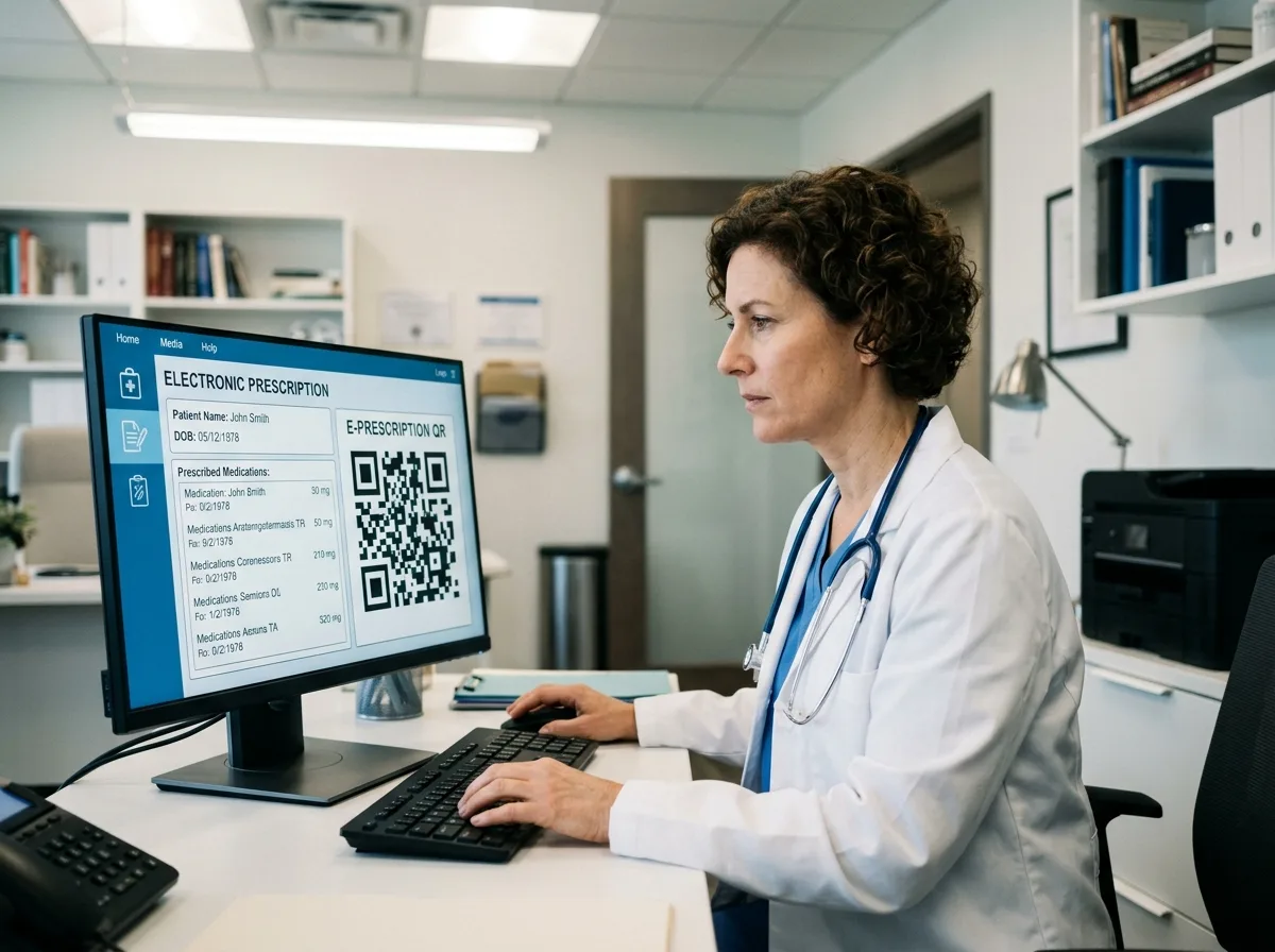 Врач оформляет электронный рецепт с QR-кодом на экране компьютера в медицинском кабинете