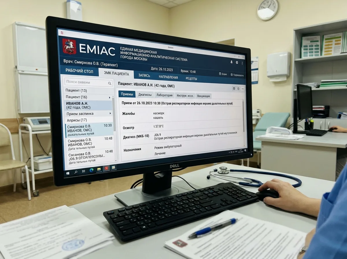 Интерфейс единой медицинской информационно-аналитической системы ЕМИАС на экране рабочего компьютера врача в поликлинике